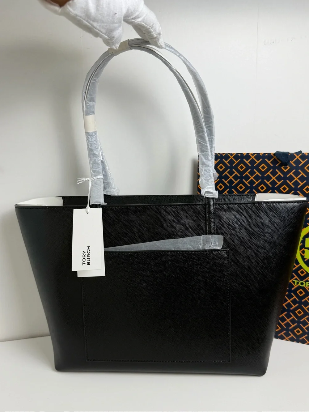 Tory Burch Black Leather Tote with Gold Logo